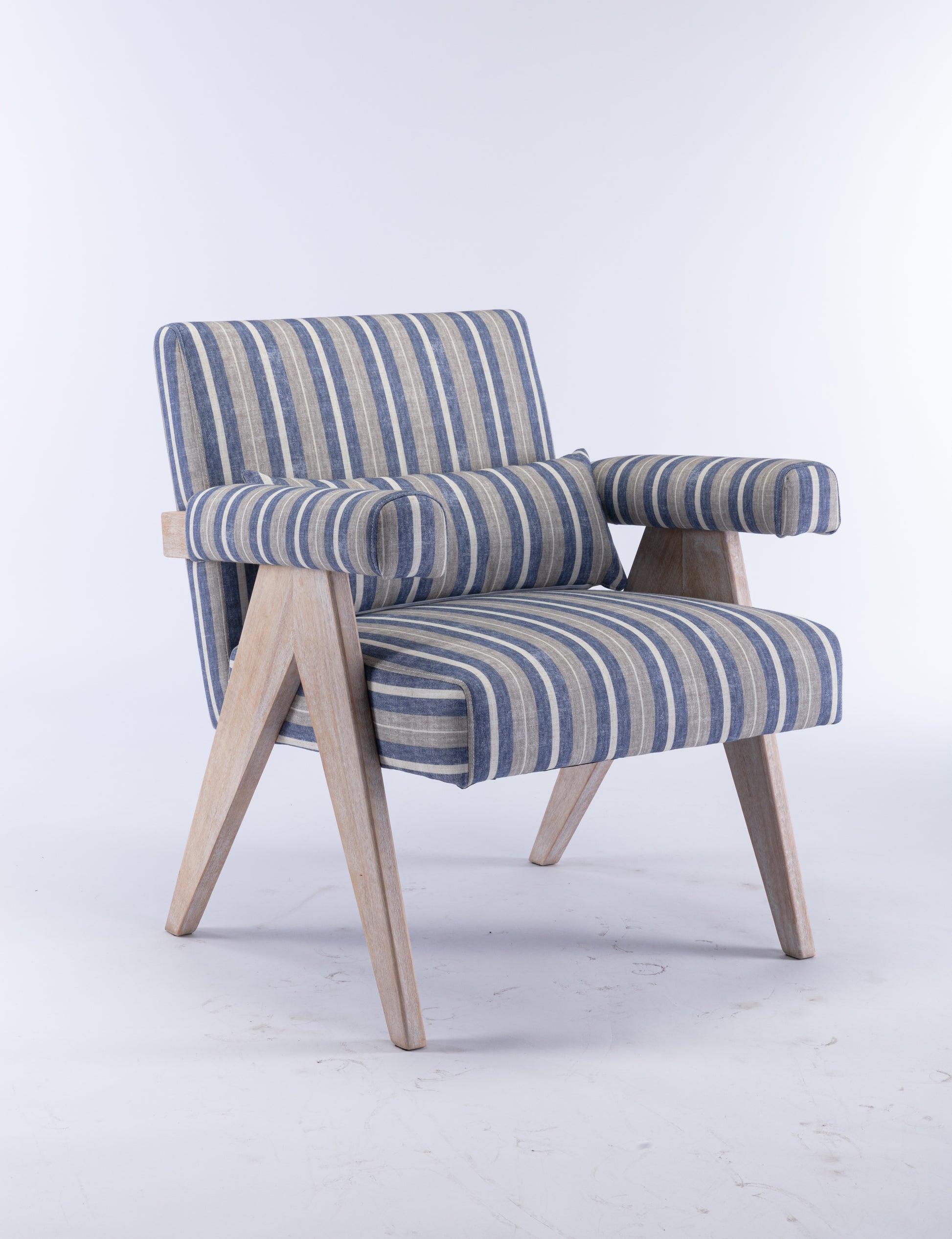 Accent Chair, Kd Rubber Wood Legs With Black Finish. Fabric Cover The Seat. With A Cushion.Blue Stripe Blue And White Stripes Foam Solid Wood