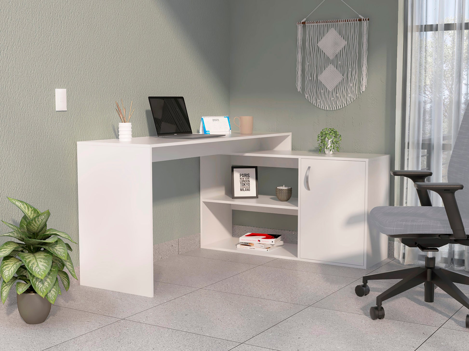 Lyncliff 1 Drawer 2 Shelf L Shaped Office Desk White White Particle Board