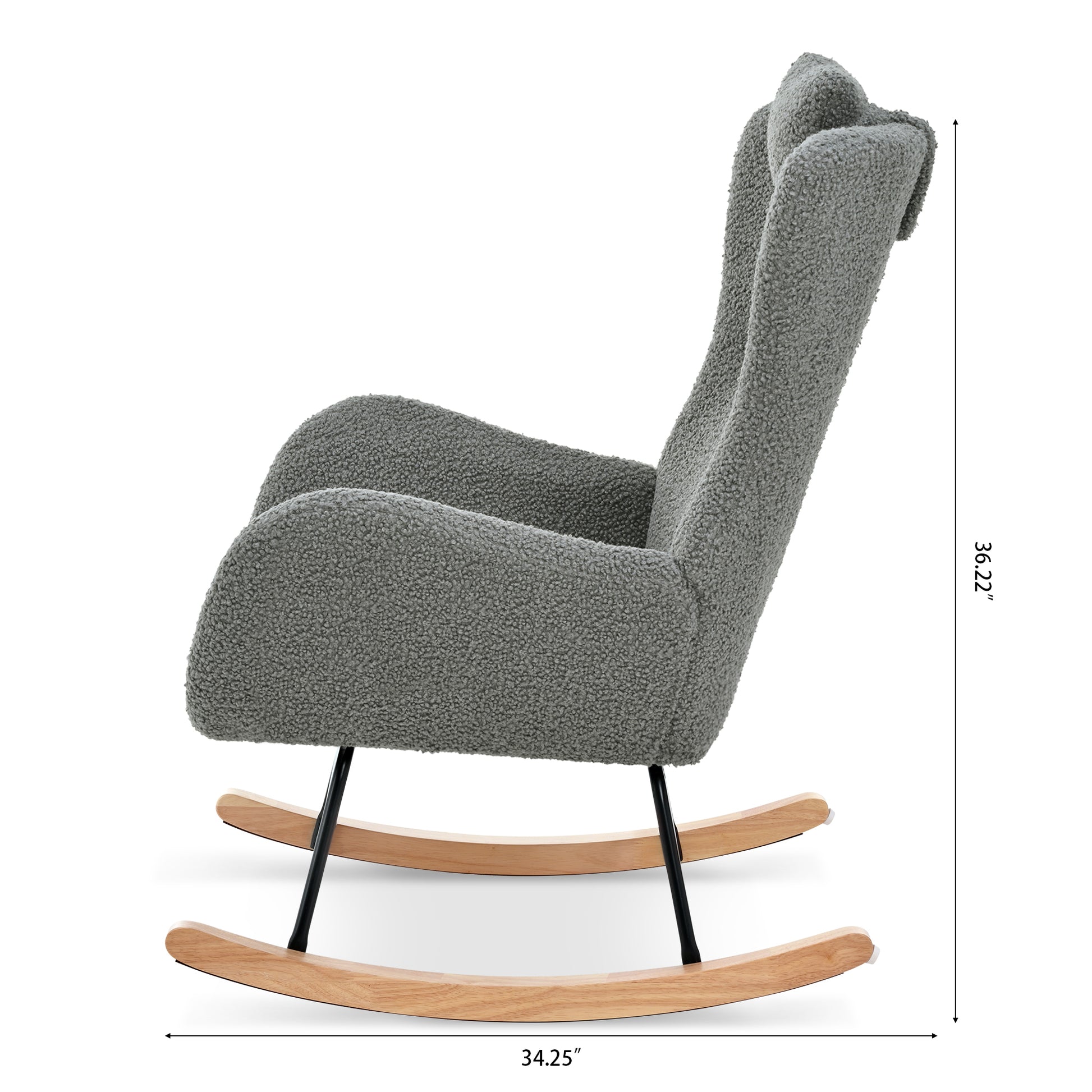 Rocking Chair Nursery, Teddy Upholstered Rocker Glider Chair With High Backrest, Adjustable Headrest & Pocket, Comfy Glider Chair For Nursery, Bedroom, Living Room, Offices, Rubber Wood, Gray Gray Polyester