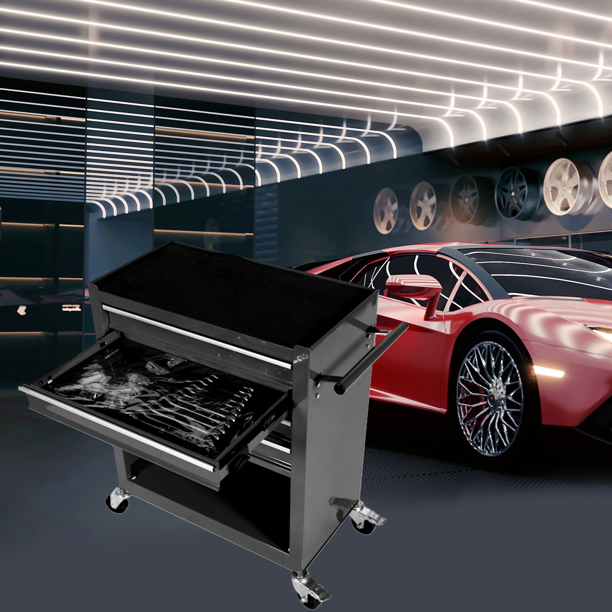 4 Drawers Tool Cabinet With Tool Sets Black Red Steel