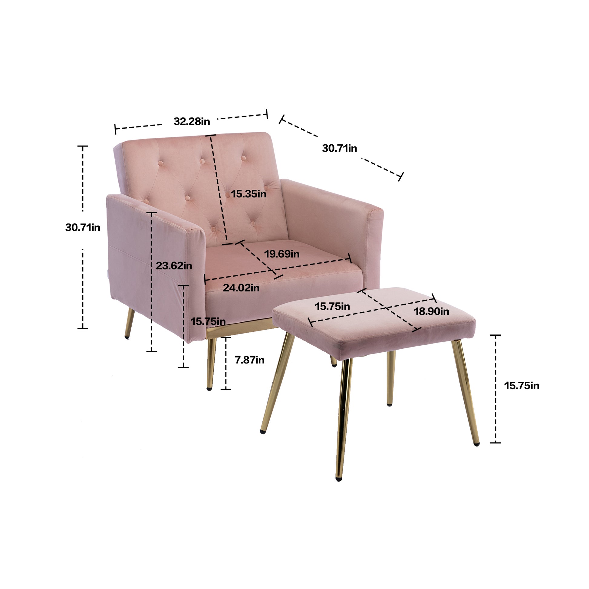 Coolmore Velvet Accent Chair With Adjustable Armrests And Backrest, Button Tufted Lounge Chair, Single Recliner Armchair With Ottoman Pink Metal