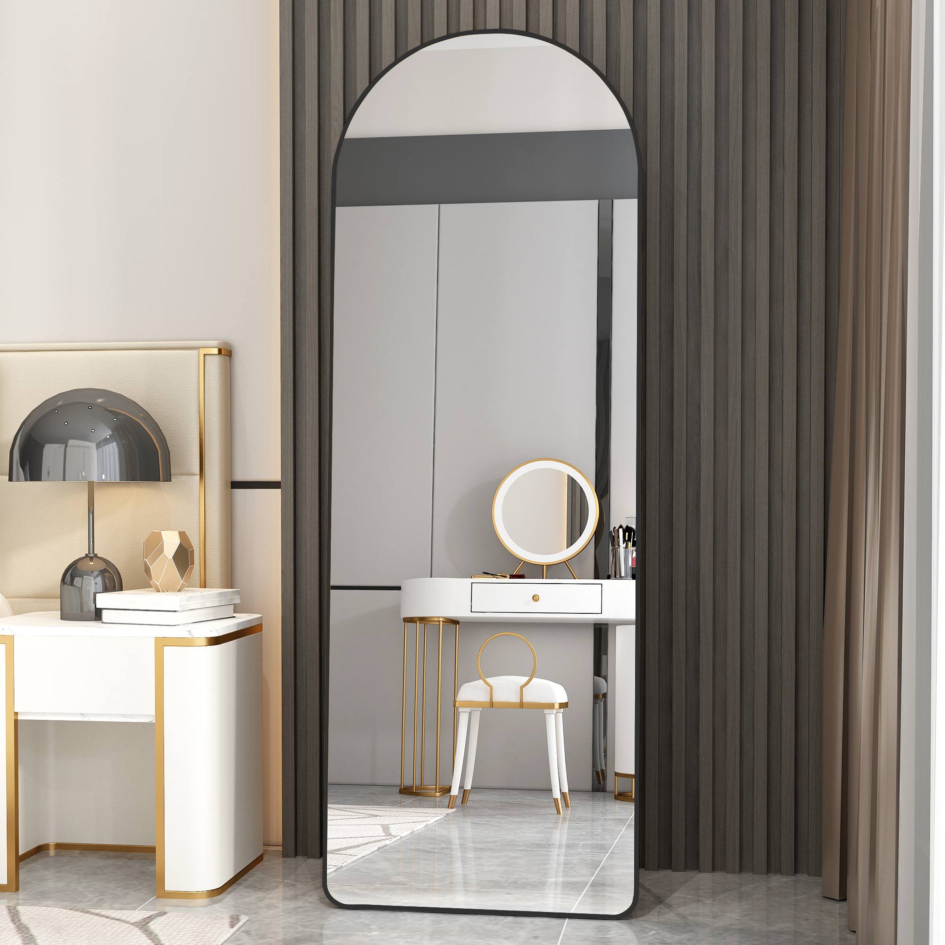 The 3St Generation Of Floor Mounted Full Length Mirrors. Aluminum Alloy Metal Frame Arched Wall Mirror, Bathroom Makeup Mirror, Bedroom Porch, Clothing Store, Wall Mounted. Black 65 "* 23" W1151109084 Black Glass