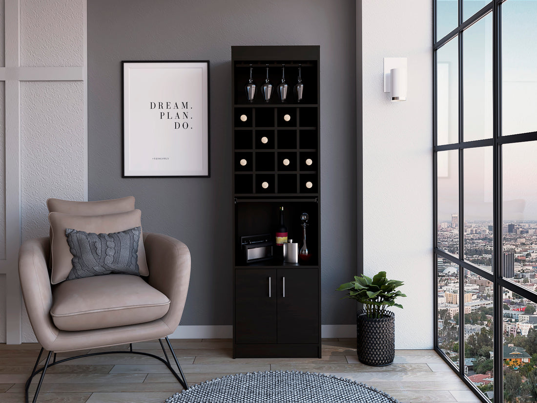Black Wengue 16 Bottle 1 Shelf Bar Cabinet Black Particle Board