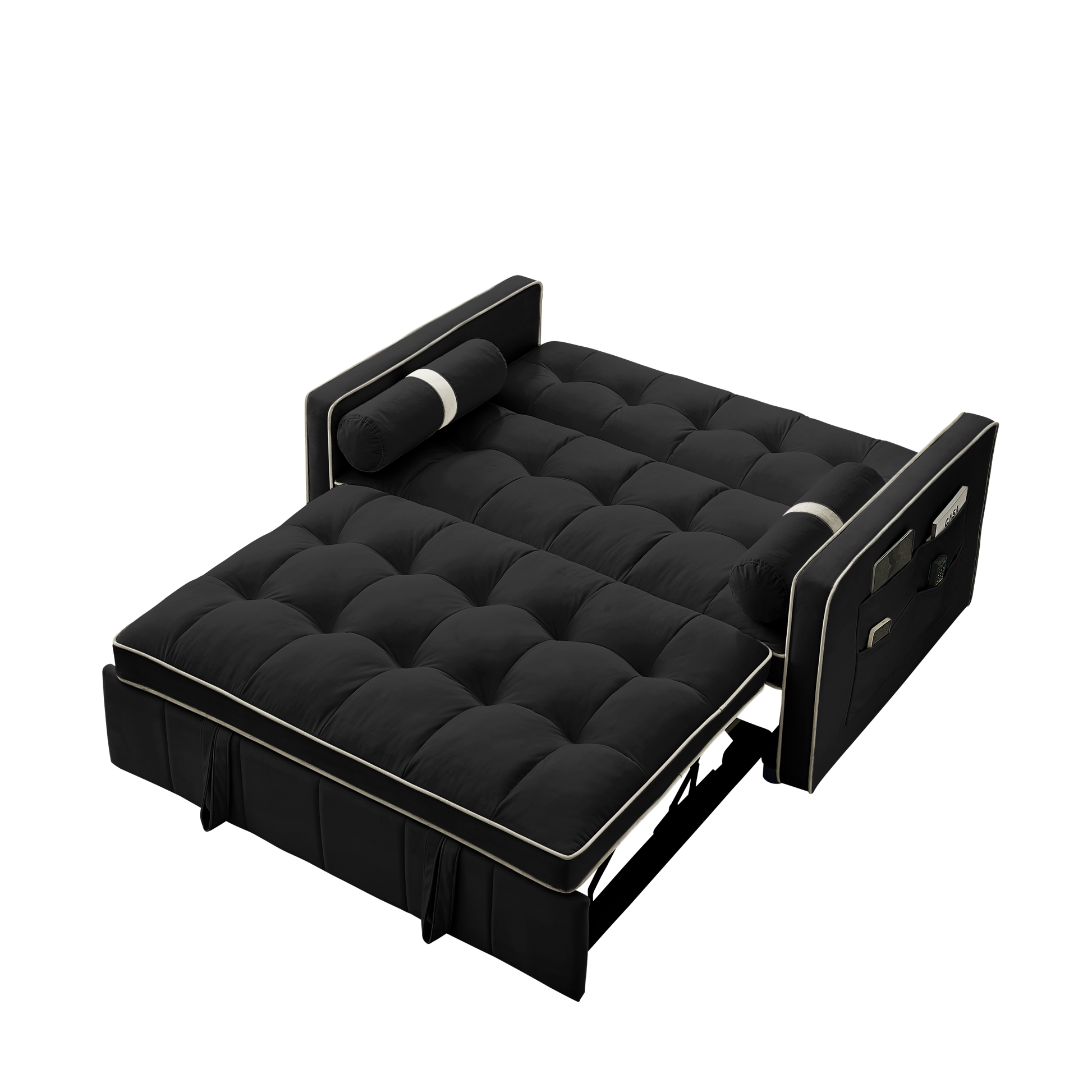 Modern 55.5" Pull Out Sleep Sofa Bed 2 Seater Loveseats Sofa Couch With Side Pockets, Adjsutable Backrest And Lumbar Pillows For Apartment Office Living Room Black Foam Velvet