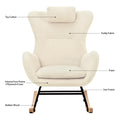 Rocking Chair Nursery, Teddy Upholstered Rocker Glider Chair With High Backrest, Adjustable Headrest & Pocket, Comfy Glider Chair For Nursery, Bedroom, Living Room, Offices, Rubber Wood, Beige Beige Polyester