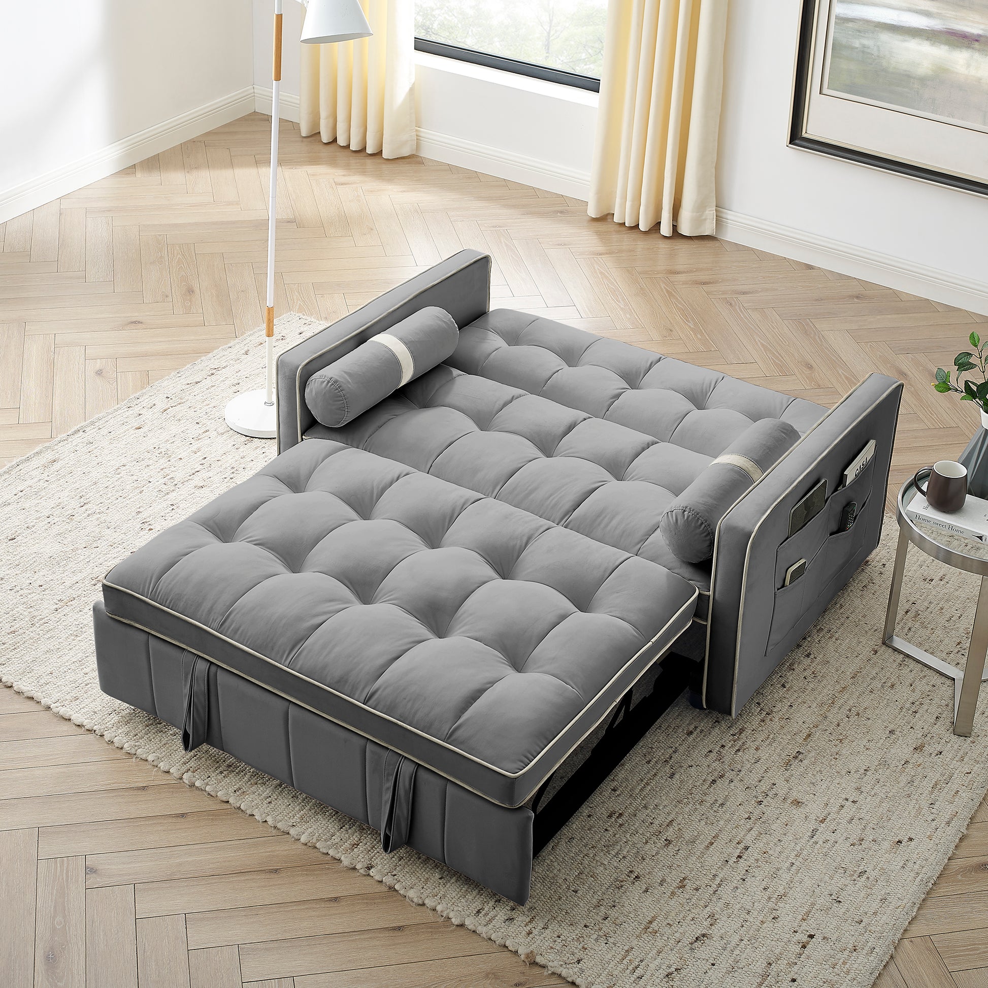 Modern 55.5" Pull Out Sleep Sofa Bed 2 Seater Loveseats Sofa Couch With Side Pockets, Adjsutable Backrest And Lumbar Pillows For Apartment Office Living Room Grey Foam Velvet