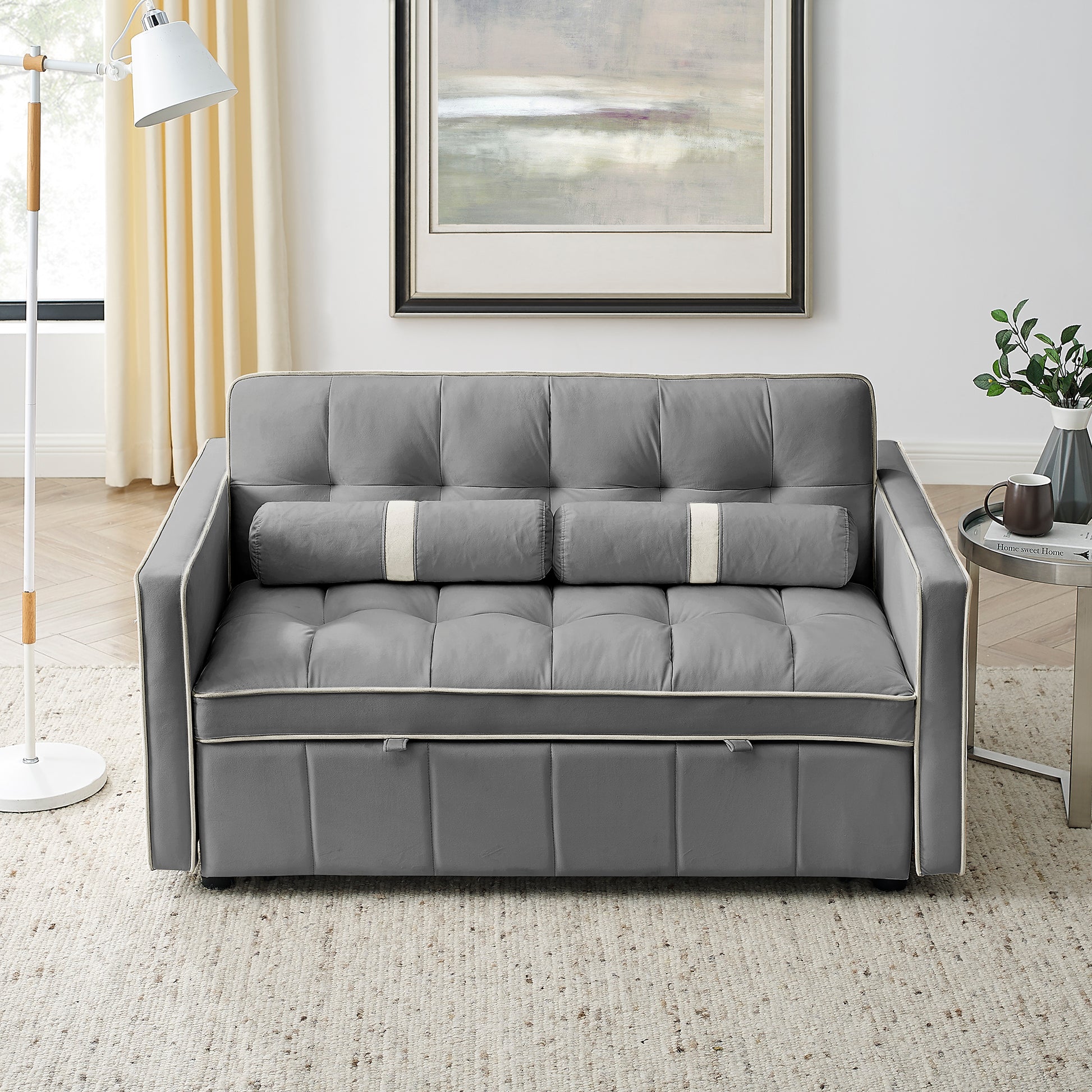 Modern 55.5" Pull Out Sleep Sofa Bed 2 Seater Loveseats Sofa Couch With Side Pockets, Adjsutable Backrest And Lumbar Pillows For Apartment Office Living Room Grey Foam Velvet