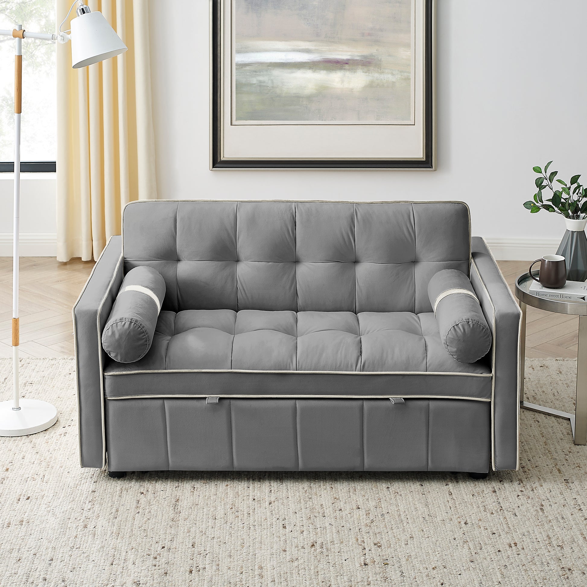 Modern 55.5" Pull Out Sleep Sofa Bed 2 Seater Loveseats Sofa Couch With Side Pockets, Adjsutable Backrest And Lumbar Pillows For Apartment Office Living Room Grey Foam Velvet