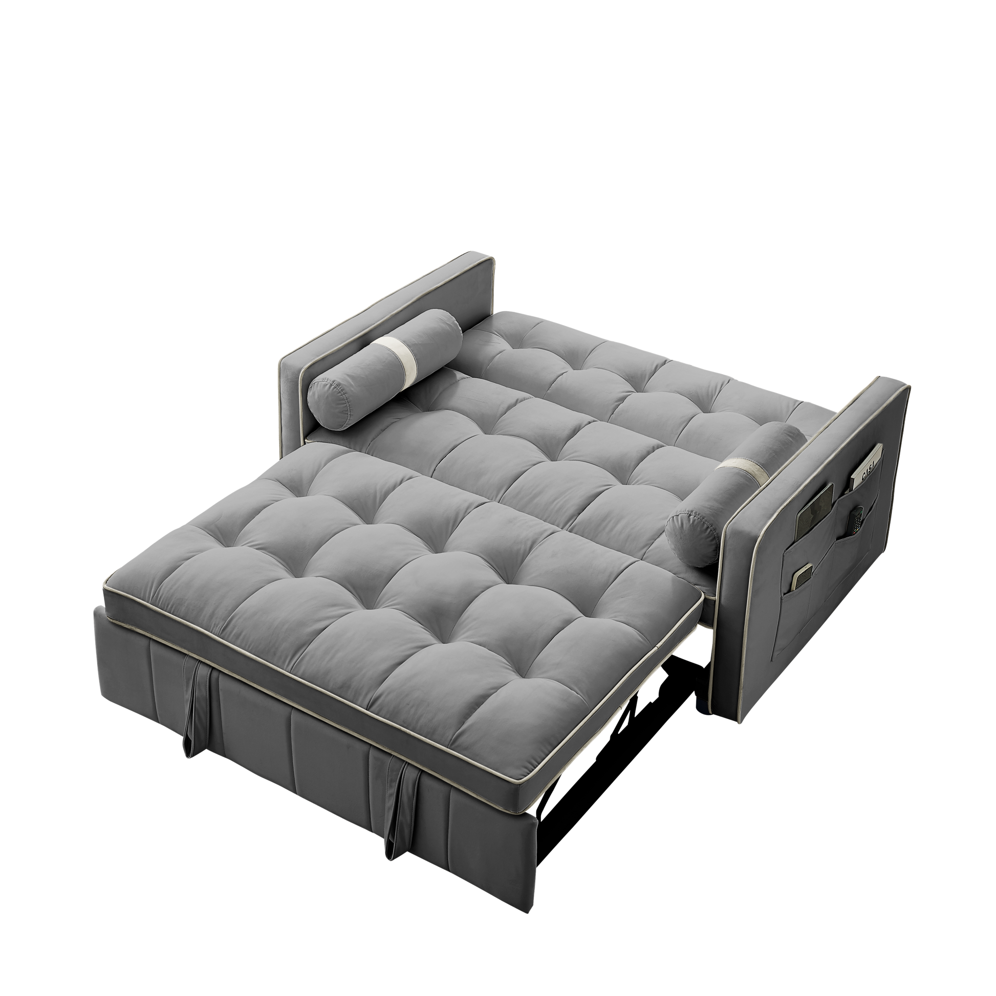 Modern 55.5" Pull Out Sleep Sofa Bed 2 Seater Loveseats Sofa Couch With Side Pockets, Adjsutable Backrest And Lumbar Pillows For Apartment Office Living Room Grey Foam Velvet