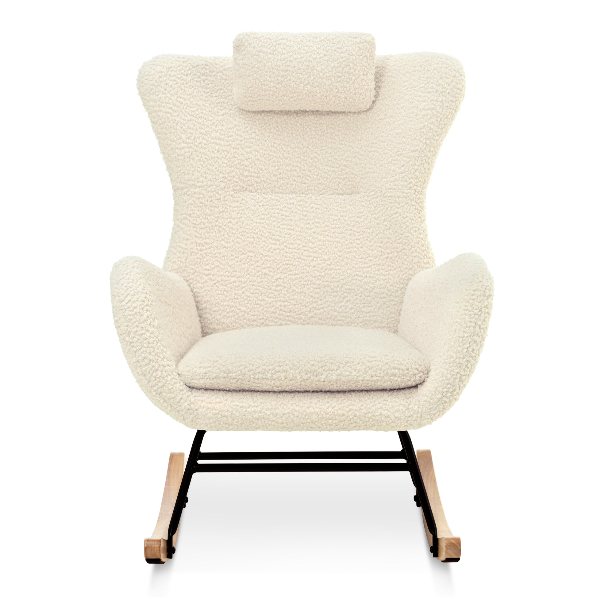 Rocking Chair Nursery, Teddy Upholstered Rocker Glider Chair With High Backrest, Adjustable Headrest & Pocket, Comfy Glider Chair For Nursery, Bedroom, Living Room, Offices, Rubber Wood, Beige Beige Polyester