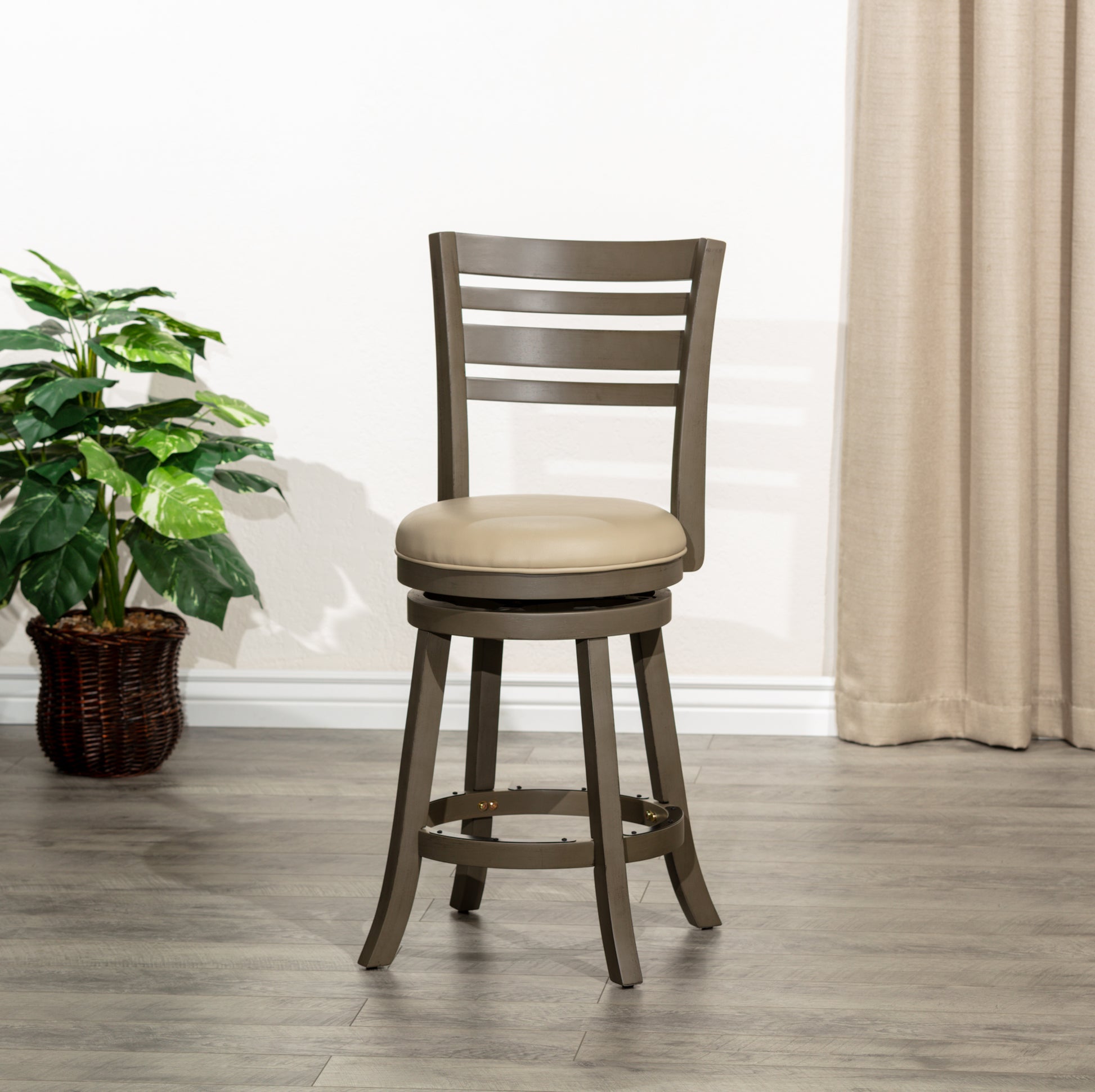 24" Counter Height Slat Back Swivel Stool, Weathered Gray Finish, French Gray Leather Seat Gray Bonded Leather
