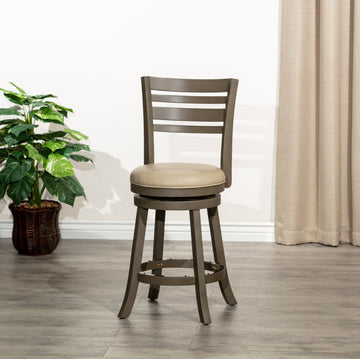 24" Counter Height Slat Back Swivel Stool, Weathered Gray Finish, French Gray Leather Seat Gray Bonded Leather
