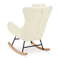 Rocking Chair Nursery, Teddy Upholstered Rocker Glider Chair With High Backrest, Adjustable Headrest & Pocket, Comfy Glider Chair For Nursery, Bedroom, Living Room, Offices, Rubber Wood, Beige Beige Polyester