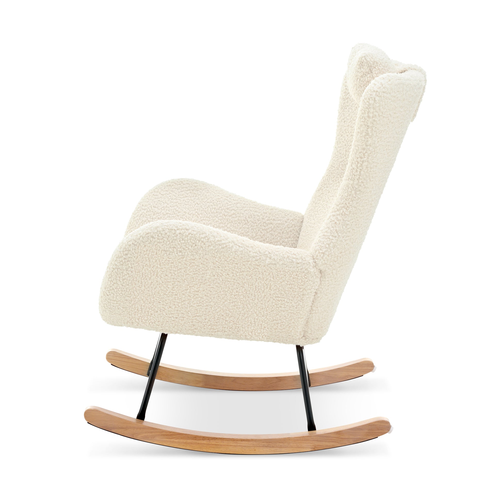 Rocking Chair Nursery, Teddy Upholstered Rocker Glider Chair With High Backrest, Adjustable Headrest & Pocket, Comfy Glider Chair For Nursery, Bedroom, Living Room, Offices, Rubber Wood, Beige Beige Polyester