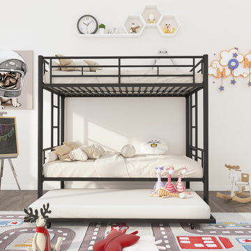 Twin Over Twin Metal Bunk Bed Frame With Trundle Upgrade Reinforcement Version Black Metal