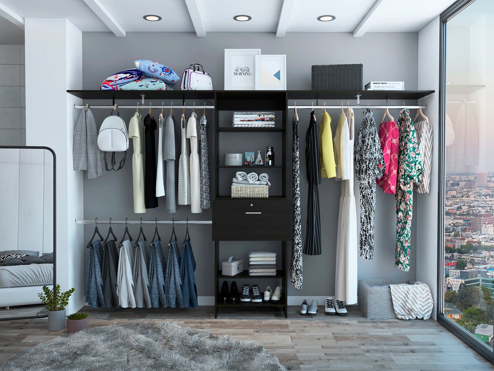Bergen 1 Drawer 4 Shelf Closet System Dark Walnut Black Particle Board