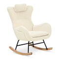 Rocking Chair Nursery, Teddy Upholstered Rocker Glider Chair With High Backrest, Adjustable Headrest & Pocket, Comfy Glider Chair For Nursery, Bedroom, Living Room, Offices, Rubber Wood, Beige Beige Polyester