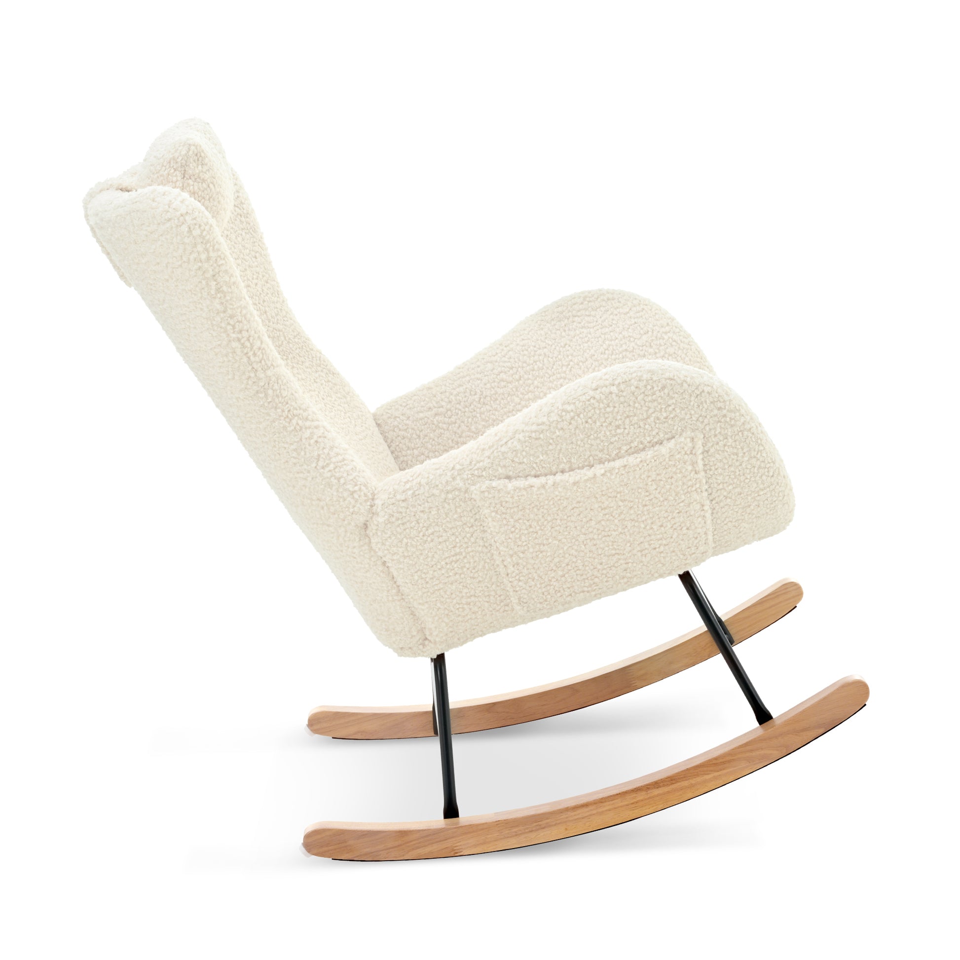 Rocking Chair Nursery, Teddy Upholstered Rocker Glider Chair With High Backrest, Adjustable Headrest & Pocket, Comfy Glider Chair For Nursery, Bedroom, Living Room, Offices, Rubber Wood, Beige Beige Polyester