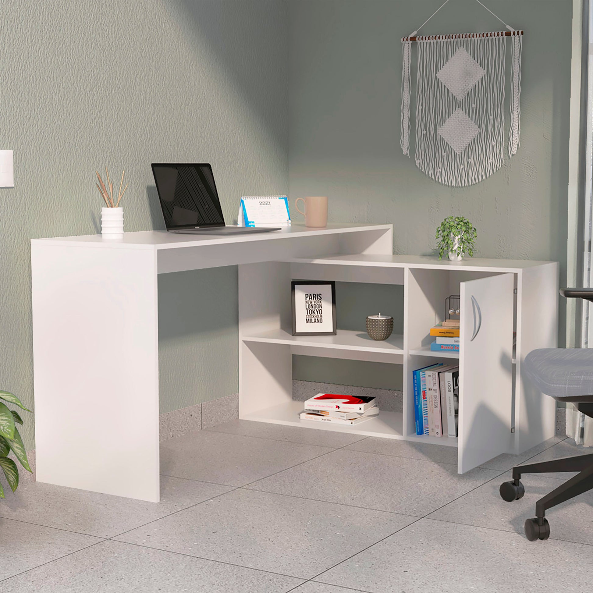 Lyncliff 1 Drawer 2 Shelf L Shaped Office Desk White White Particle Board