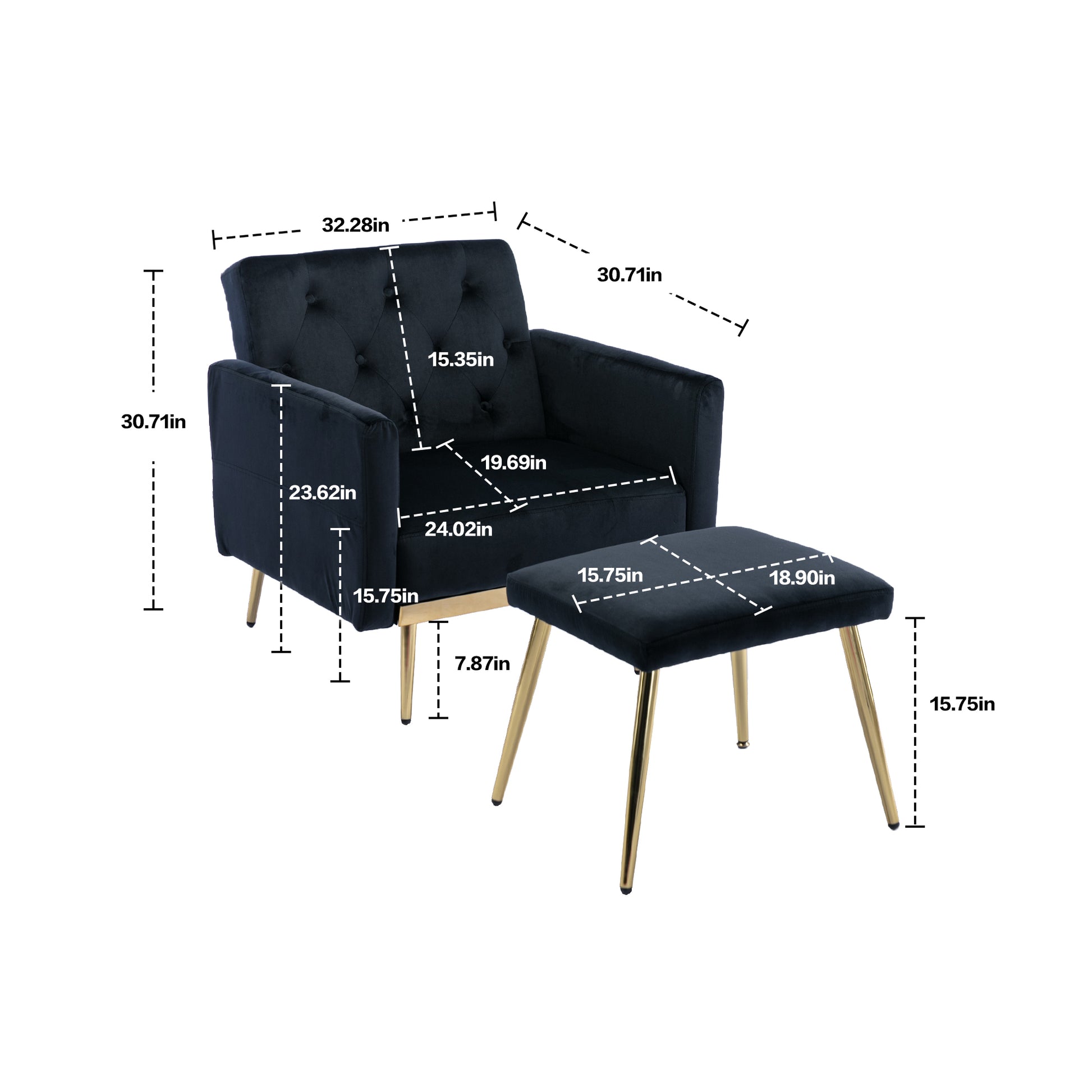 Coolmore Velvet Accent Chair With Adjustable Armrests And Backrest, Button Tufted Lounge Chair, Single Recliner Armchair With Ottoman Black Metal