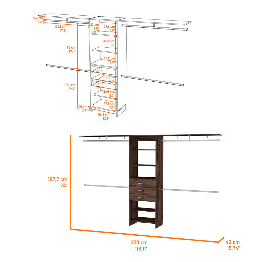 Brentwood 3 Drawer 4 Shelf Closet System Dark Walnut Brown Particle Board