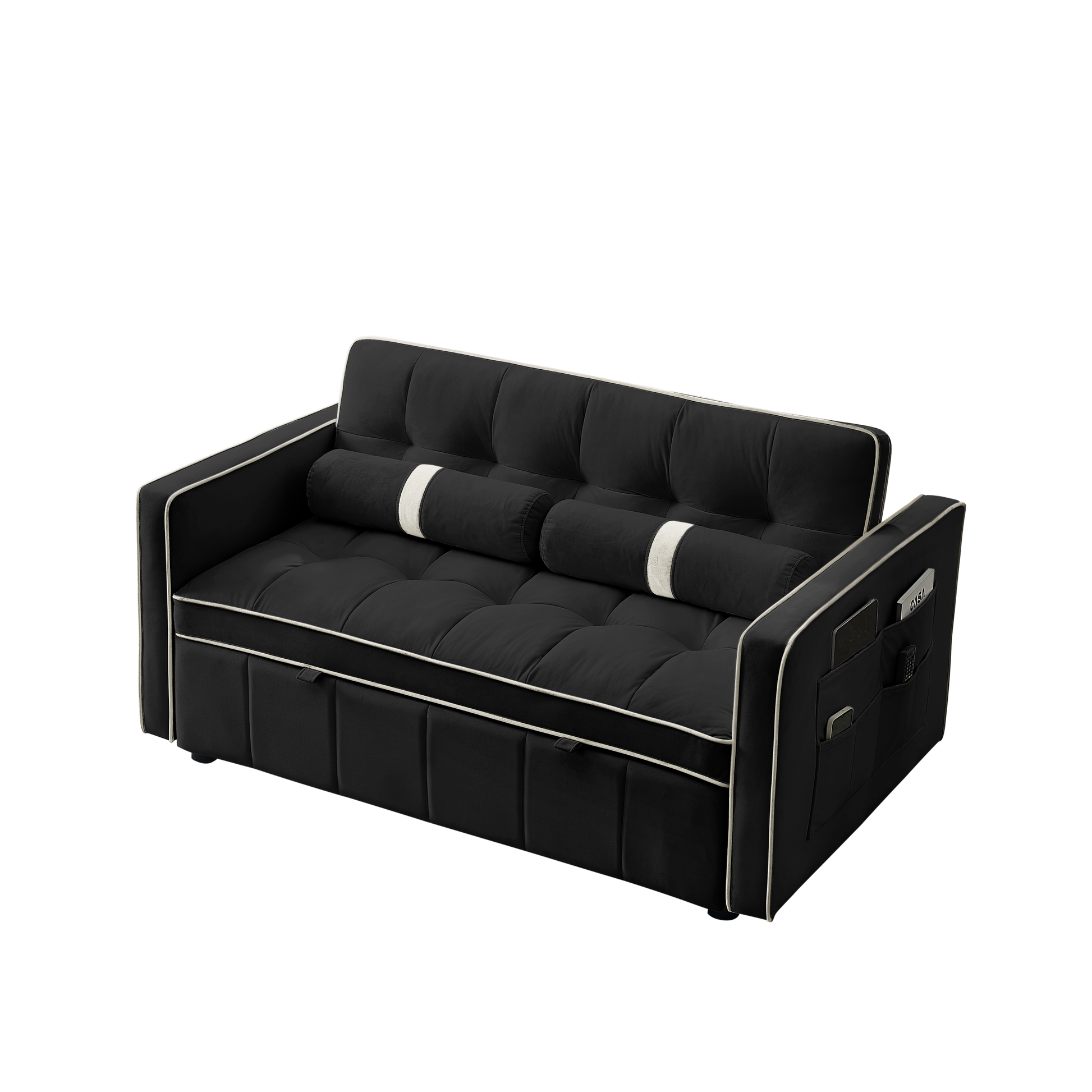 Modern 55.5" Pull Out Sleep Sofa Bed 2 Seater Loveseats Sofa Couch With Side Pockets, Adjsutable Backrest And Lumbar Pillows For Apartment Office Living Room Black Foam Velvet