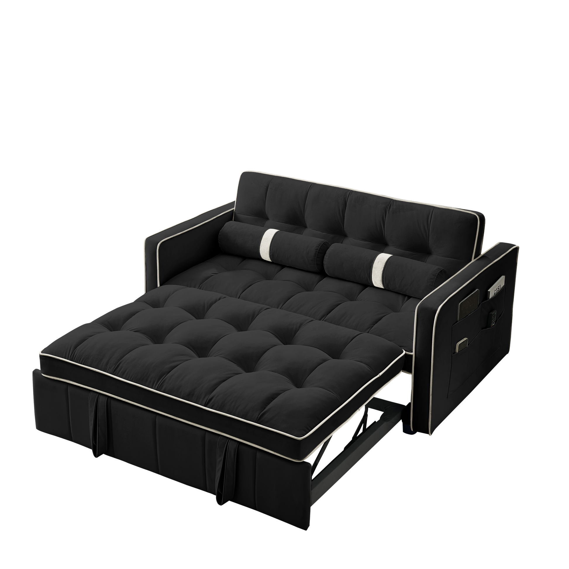 Modern 55.5" Pull Out Sleep Sofa Bed 2 Seater Loveseats Sofa Couch With Side Pockets, Adjsutable Backrest And Lumbar Pillows For Apartment Office Living Room Black Foam Velvet