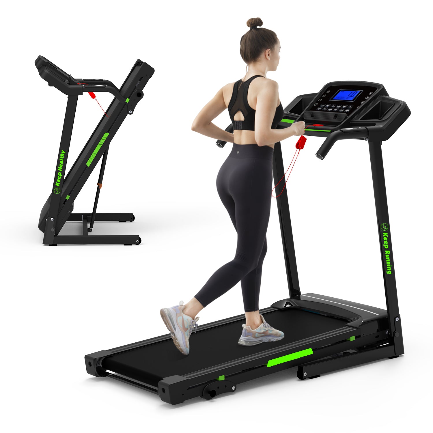 Foldable Treadmill With Incline, Folding Treadmill For Home Electric Treadmill Workout Running Machine, Handrail Controls Speed, Pulse Monitor,App Black Stainless Steel