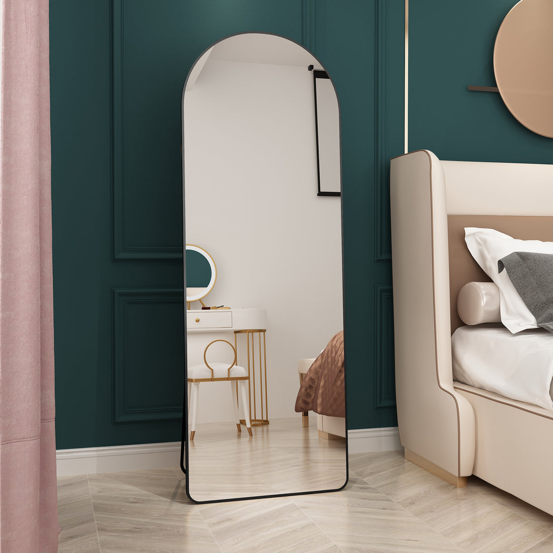 The 3St Generation Of Floor Mounted Full Length Mirrors. Aluminum Alloy Metal Frame Arched Wall Mirror, Bathroom Makeup Mirror, Bedroom Porch, Clothing Store, Wall Mounted. Black 65 "* 23" W1151109084 Black Glass