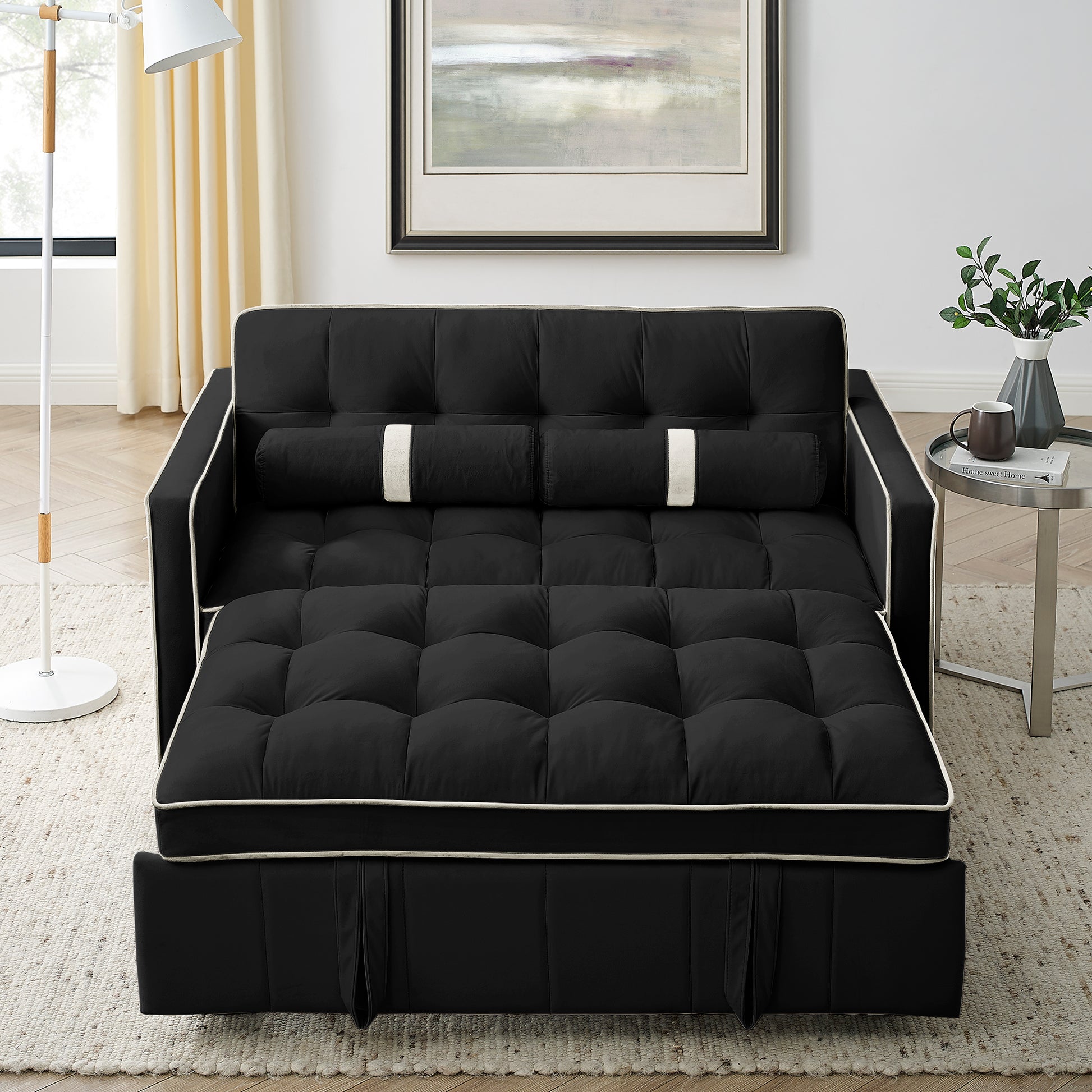 Modern 55.5" Pull Out Sleep Sofa Bed 2 Seater Loveseats Sofa Couch With Side Pockets, Adjsutable Backrest And Lumbar Pillows For Apartment Office Living Room Black Foam Velvet