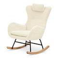 Rocking Chair Nursery, Teddy Upholstered Rocker Glider Chair With High Backrest, Adjustable Headrest & Pocket, Comfy Glider Chair For Nursery, Bedroom, Living Room, Offices, Rubber Wood, Beige Beige Polyester