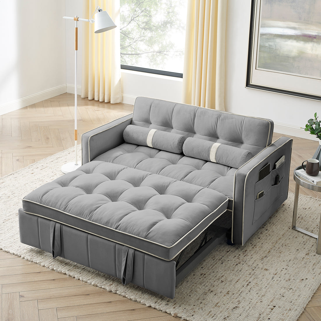 Modern 55.5" Pull Out Sleep Sofa Bed 2 Seater Loveseats Sofa Couch With Side Pockets, Adjsutable Backrest And Lumbar Pillows For Apartment Office Living Room Grey Foam Velvet