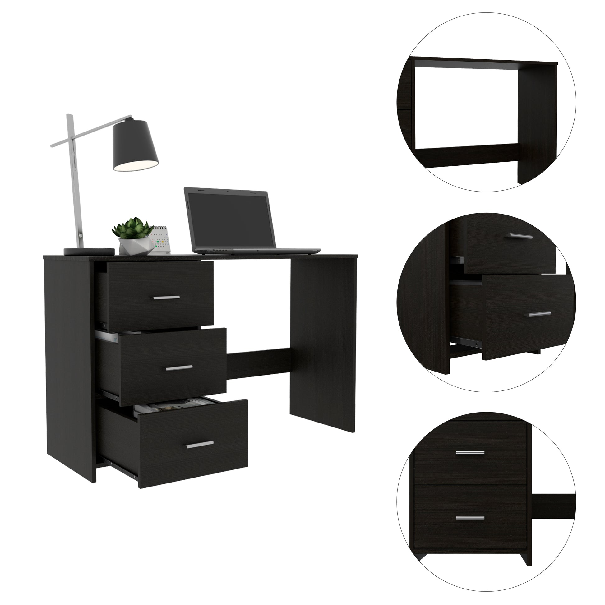 Ventura 3 Drawer Writing Desk Black Wengue Black Particle Board