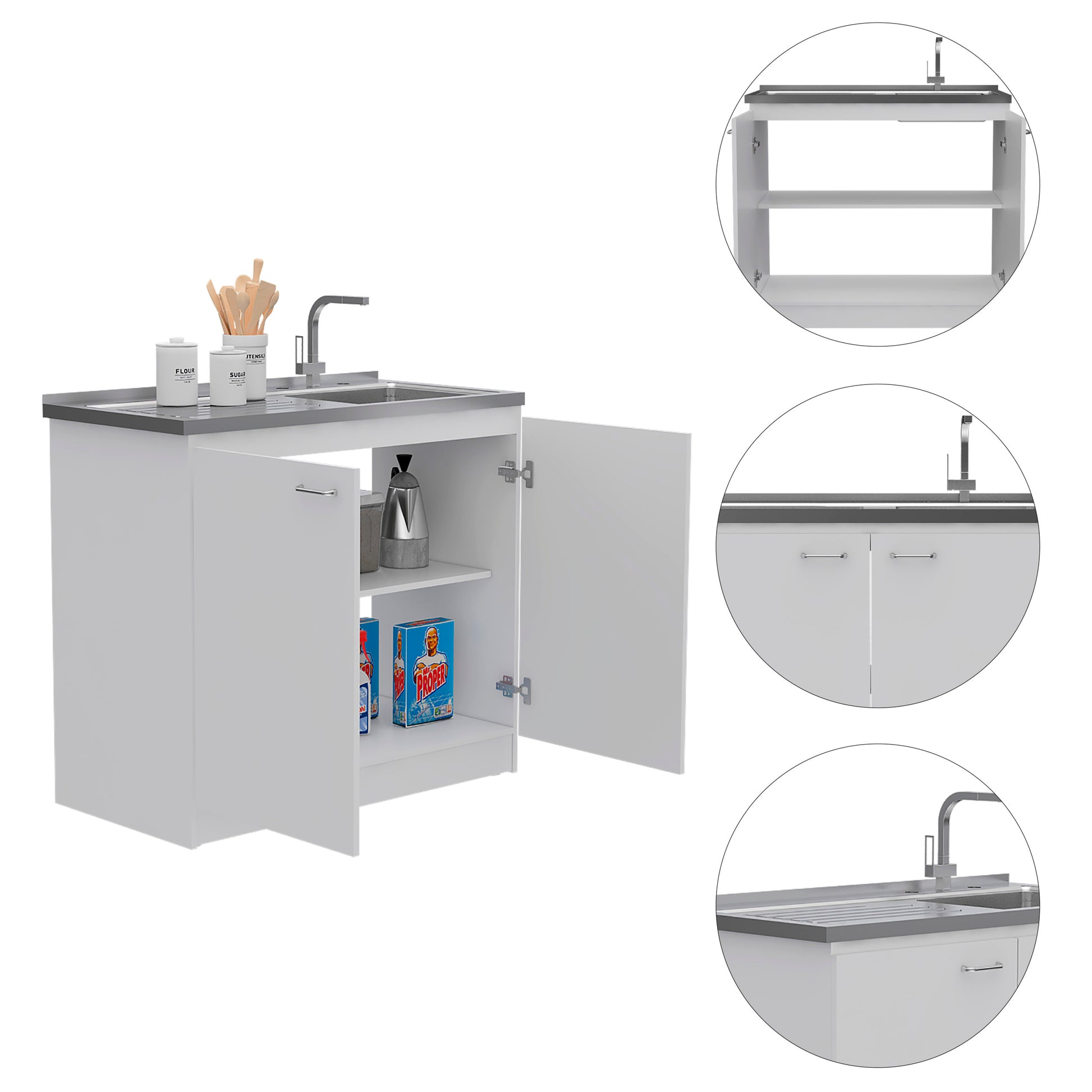 White Rectangle 2 Door Utility Sink And Cabinet White Particle Board