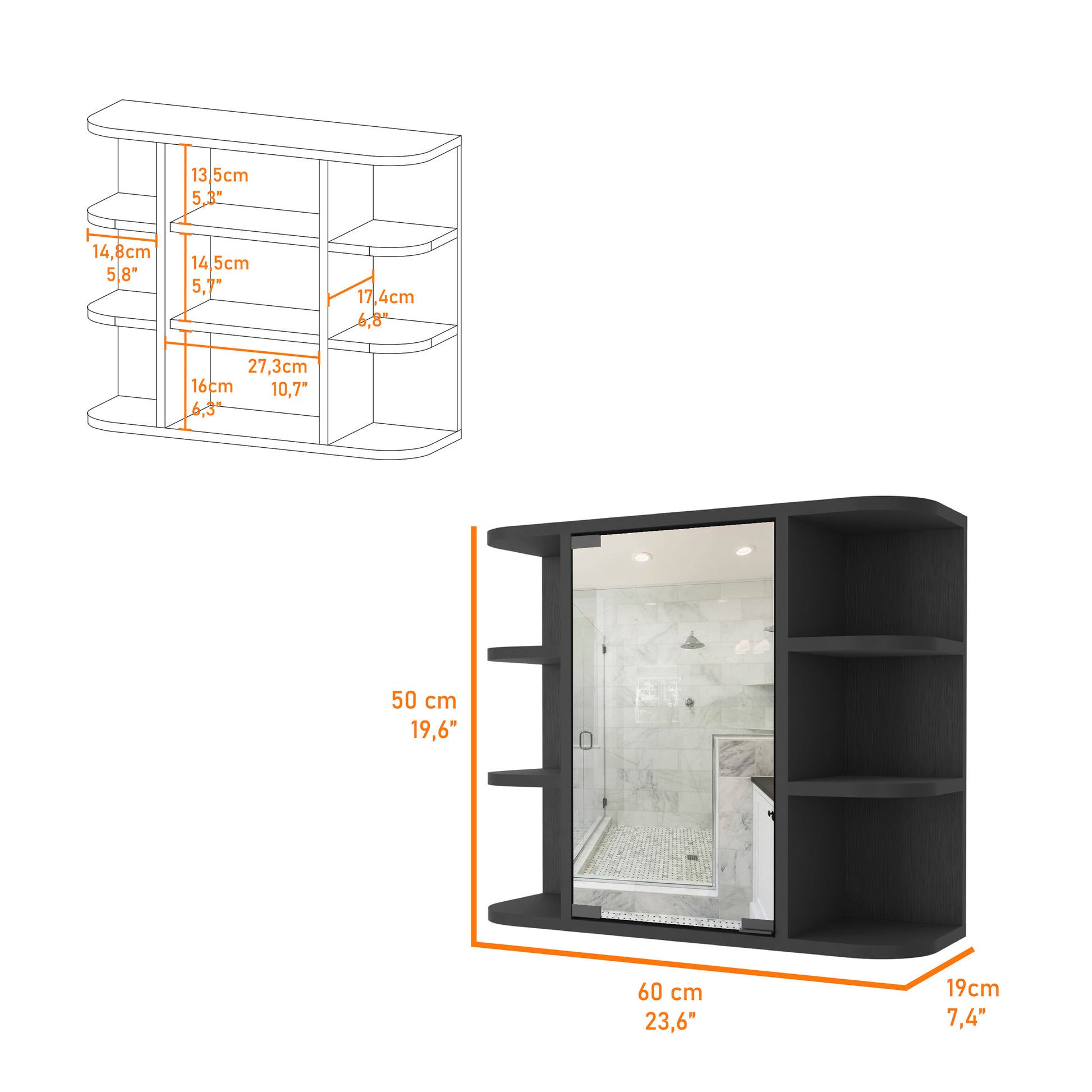 Roseburg 6 Shelf Medicine Cabinet With Mirorr Black Wengue Black Particle Board