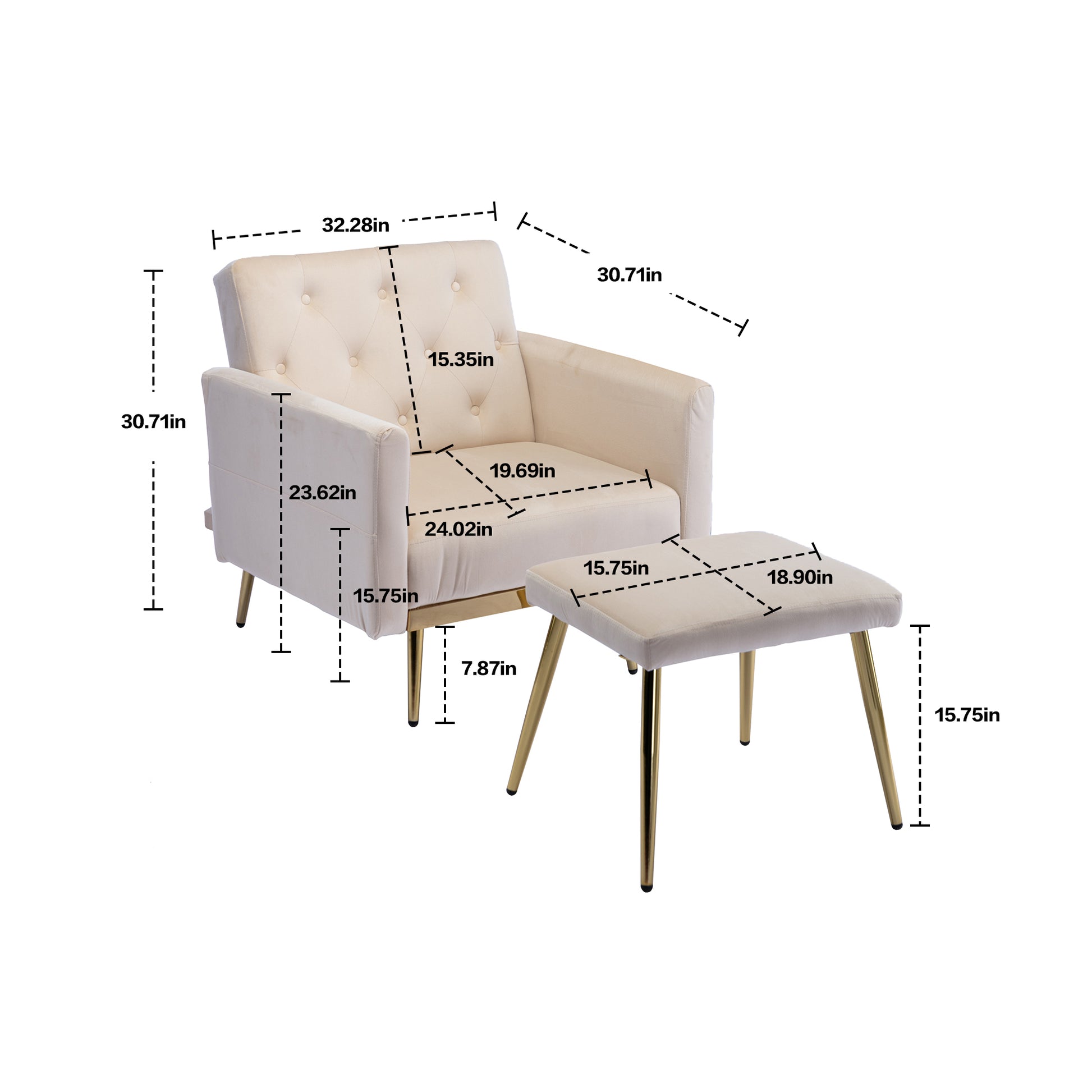 Coolmore Velvet Accent Chair With Adjustable Armrests And Backrest, Button Tufted Lounge Chair, Single Recliner Armchair With Ottoman Beige Metal