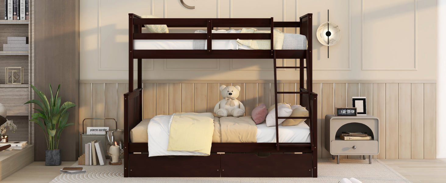 Twin Over Full Bunk Bed With Ladders And Two Storage Drawers Espresso Old Sku:Lt000165Aap Twin Espresso Solid Wood