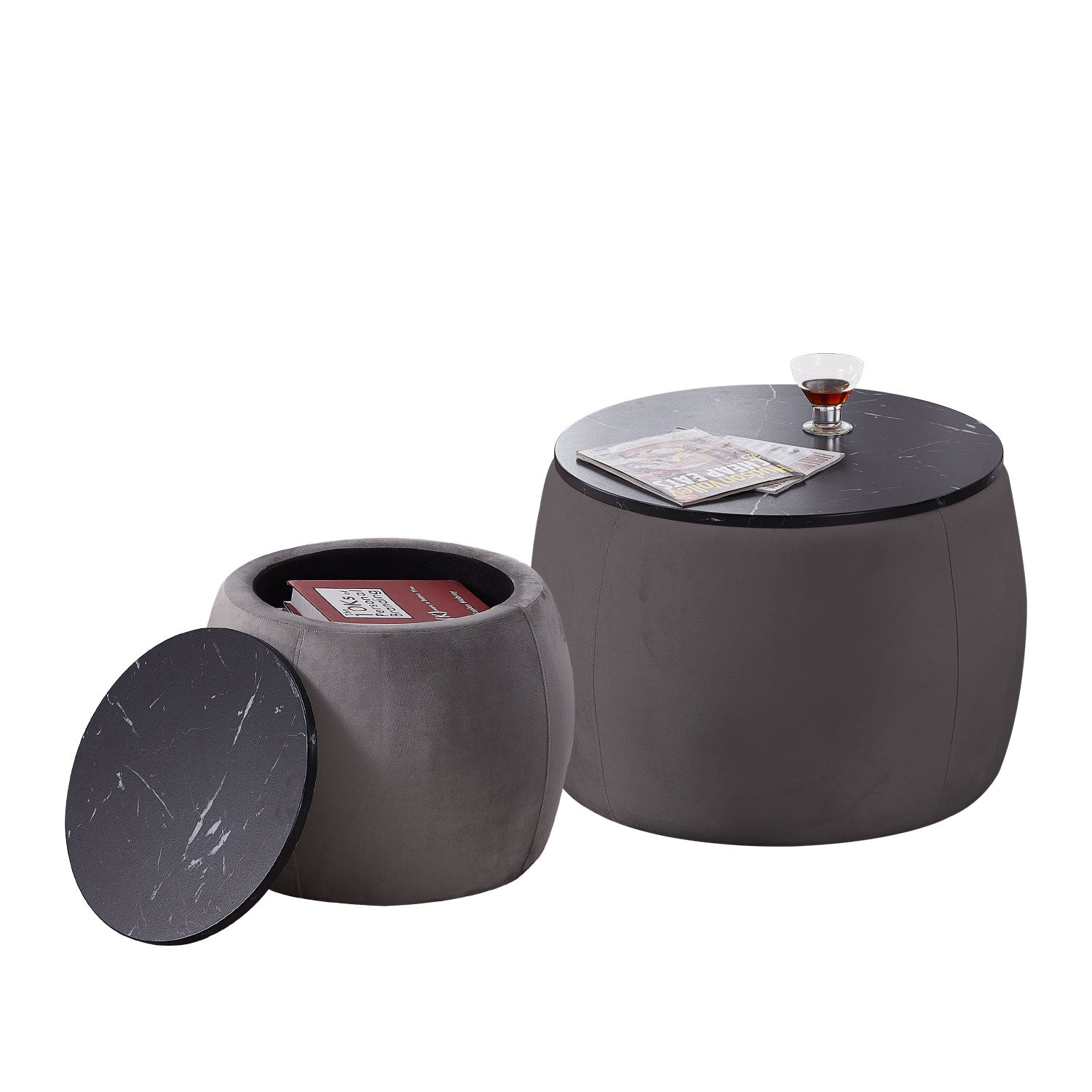 Set Of 2 End Table With Storage, Round Accent Side Table With Removable Top For Living Room, Bedroom, Top 650*450, 480*390 Grey Foam Mdf