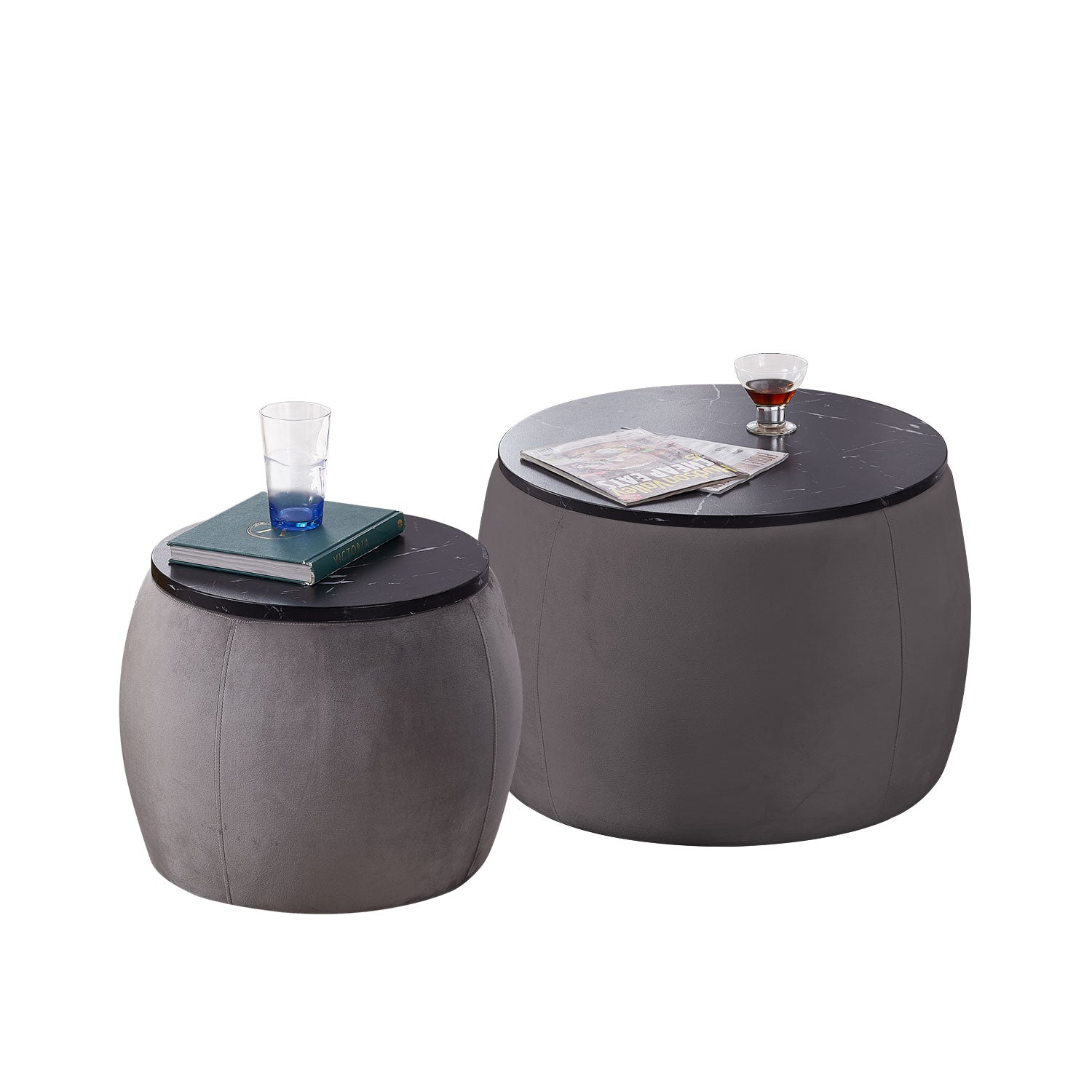 Set Of 2 End Table With Storage, Round Accent Side Table With Removable Top For Living Room, Bedroom, Top 650*450, 480*390 Grey Foam Mdf