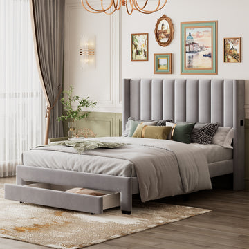 Queen Size Storage Bed Velvet Upholstered Platform Bed With A Big Drawer Gray Gray Velvet