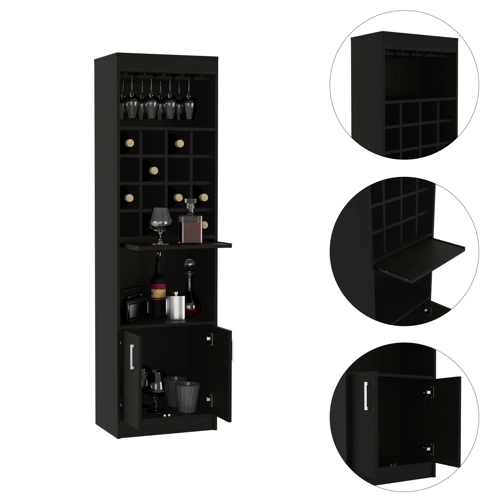 Black Wengue 16 Bottle 1 Shelf Bar Cabinet Black Particle Board