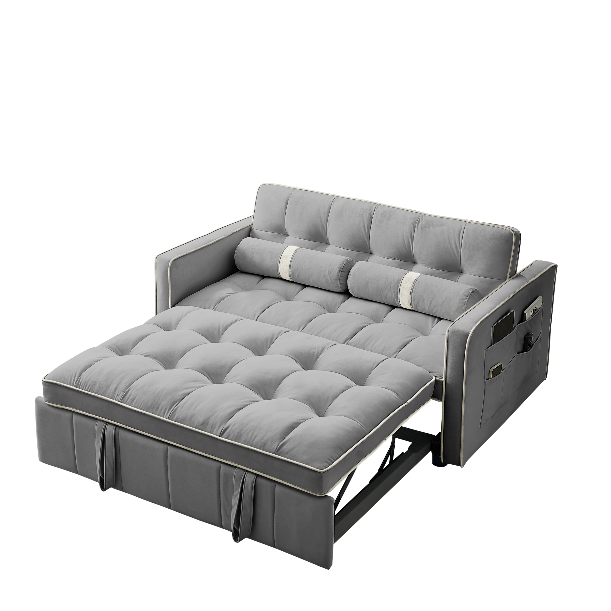 Modern 55.5" Pull Out Sleep Sofa Bed 2 Seater Loveseats Sofa Couch With Side Pockets, Adjsutable Backrest And Lumbar Pillows For Apartment Office Living Room Grey Foam Velvet