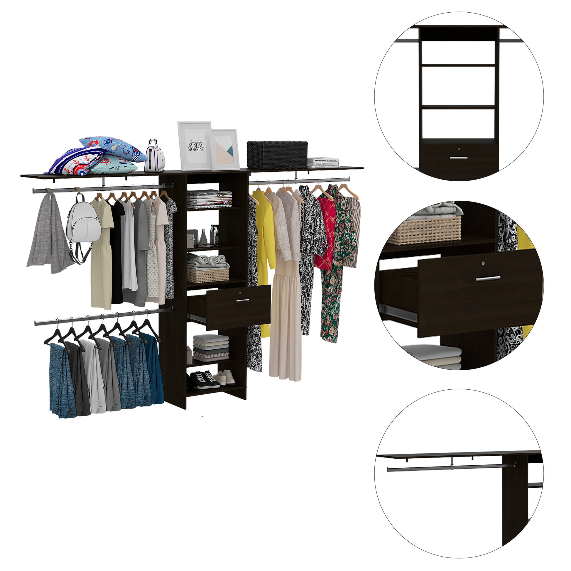 Bergen 1 Drawer 4 Shelf Closet System Dark Walnut Black Particle Board