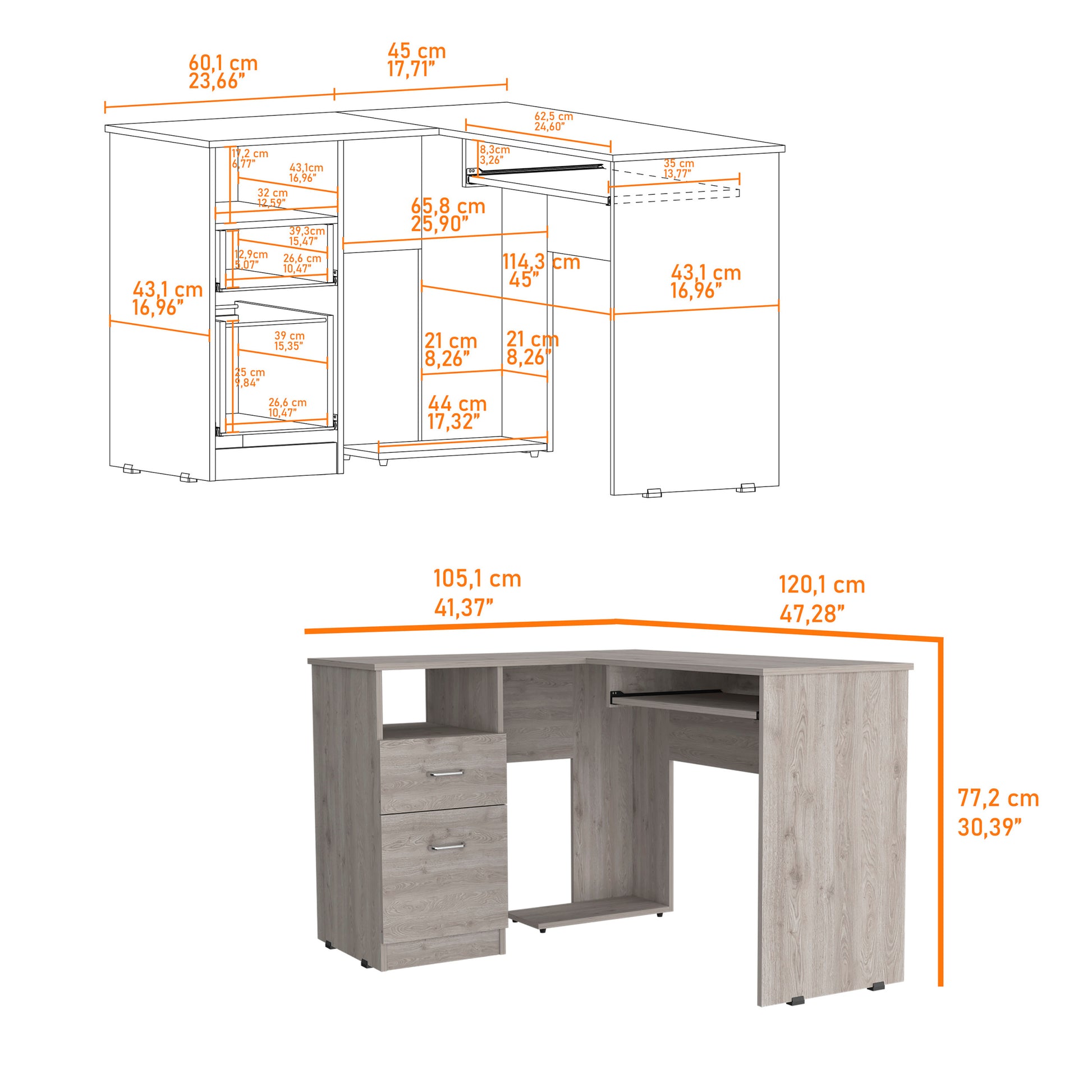 Light Grey 2 Drawer 1 Shelf L Shaped Computer Desk Light Gray Particle Board