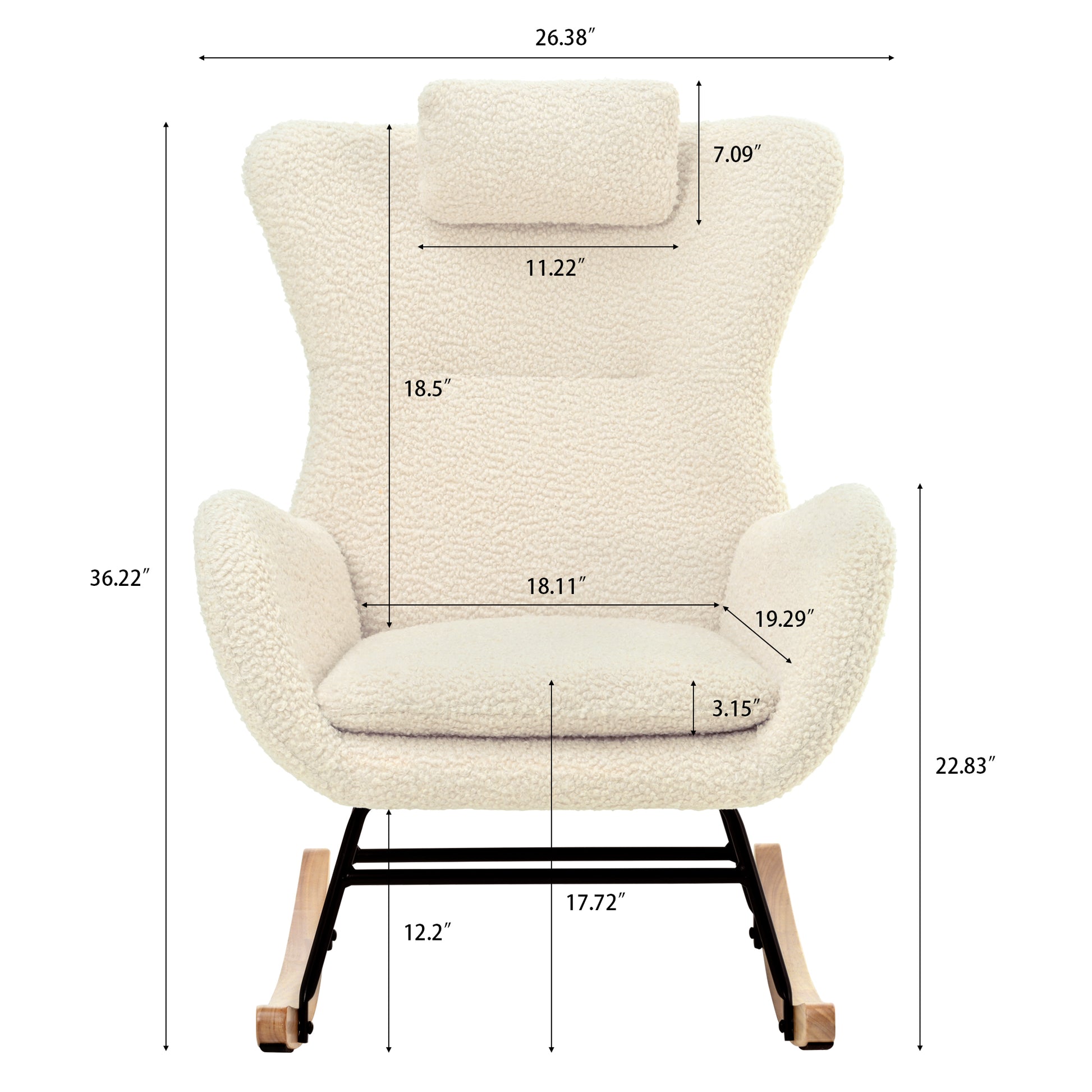 Rocking Chair Nursery, Teddy Upholstered Rocker Glider Chair With High Backrest, Adjustable Headrest & Pocket, Comfy Glider Chair For Nursery, Bedroom, Living Room, Offices, Rubber Wood, Beige Beige Polyester