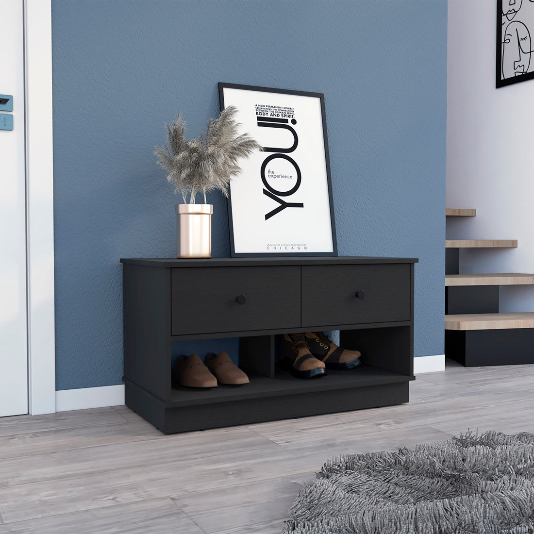 Willamette Rectangle 2 Shelf 2 Drawer Storage Bench Black Wengue Black Particle Board