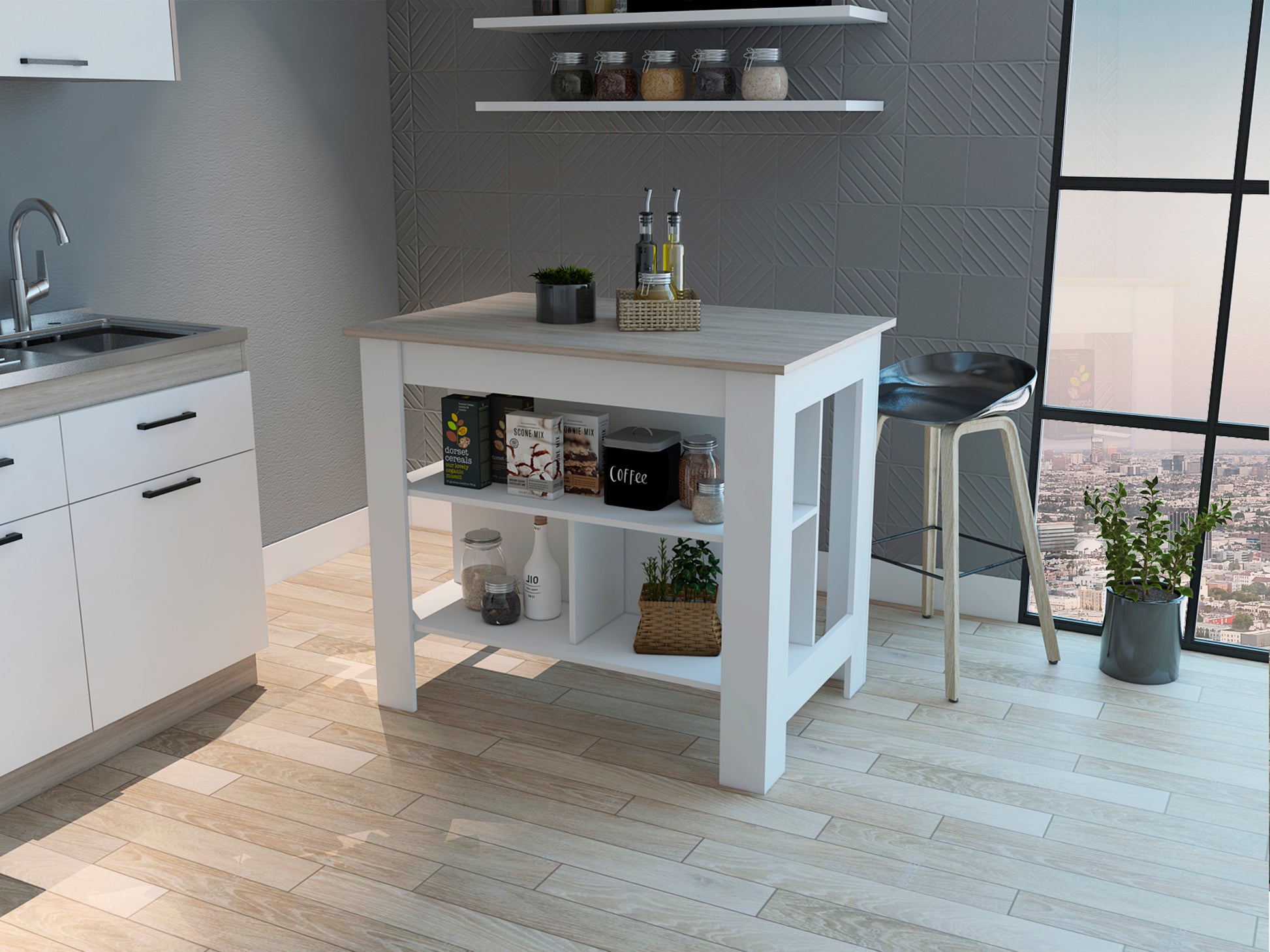 Rockaway 3 Shelf Kitchen Island White And Light Grey White Particle Board