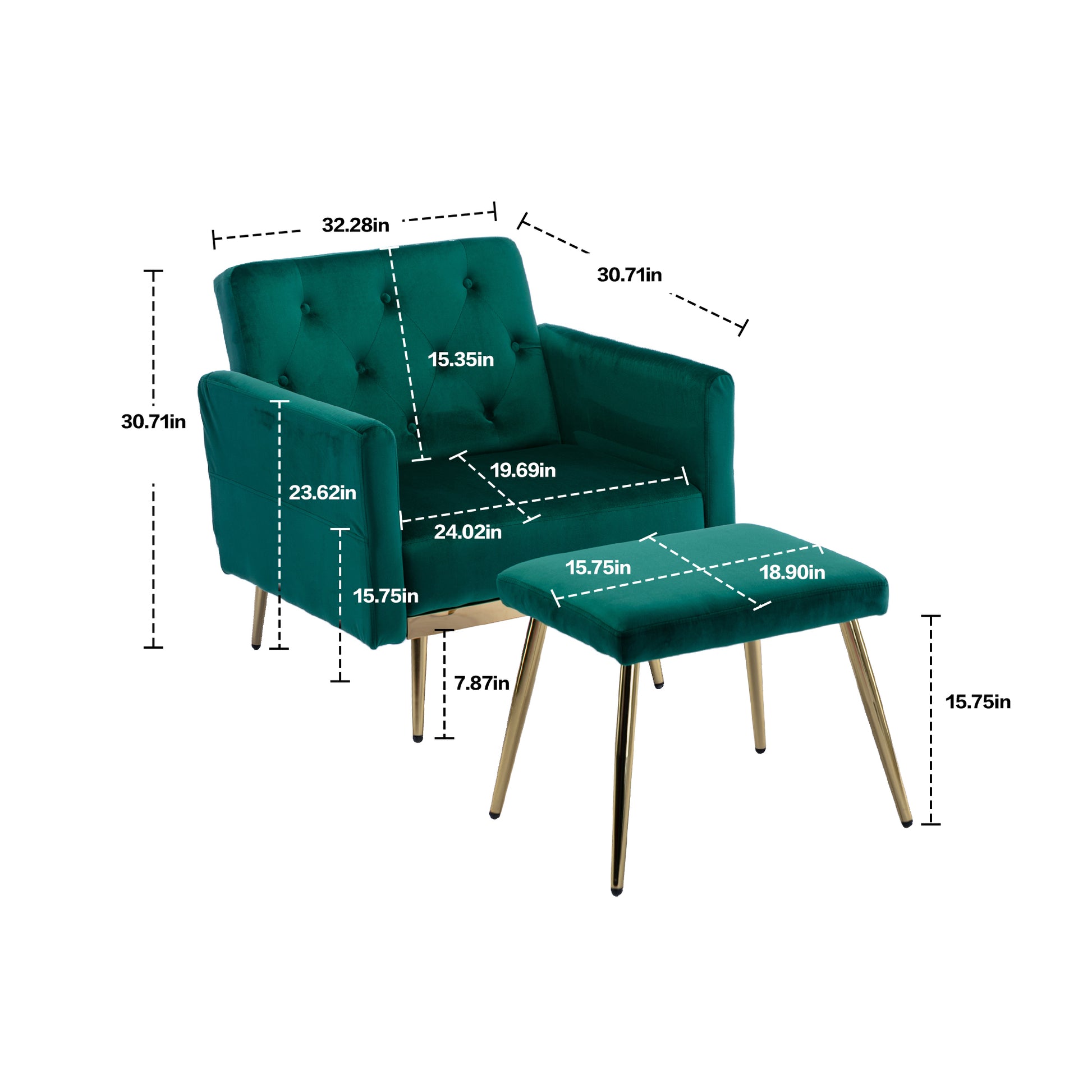 Coolmore Velvet Accent Chair With Adjustable Armrests And Backrest, Button Tufted Lounge Chair, Single Recliner Armchair With Ottoman Green Metal