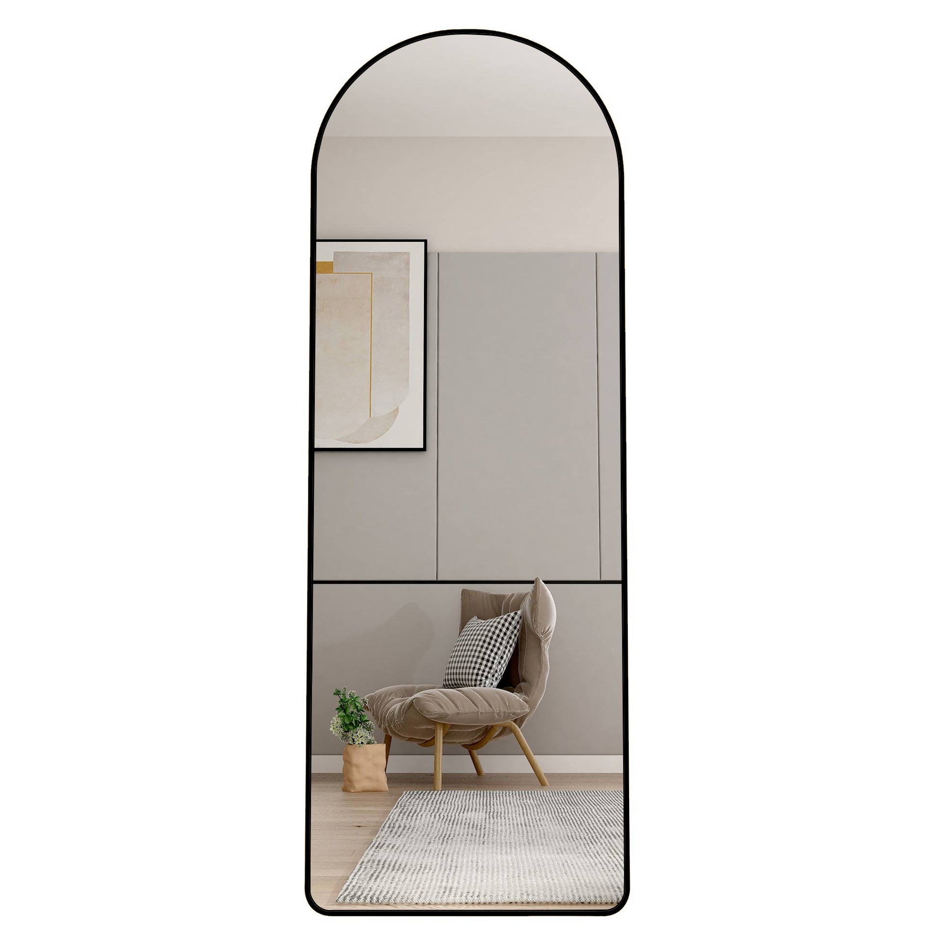 The 4St Generation Of Floor Mounted Full Length Mirrors. Aluminum Alloy Metal Frame Arched Wall Mirror, Bathroom Makeup Mirror, Bedroom Porch, Clothing Store, Wall Mounted. Black 65 "* 23"