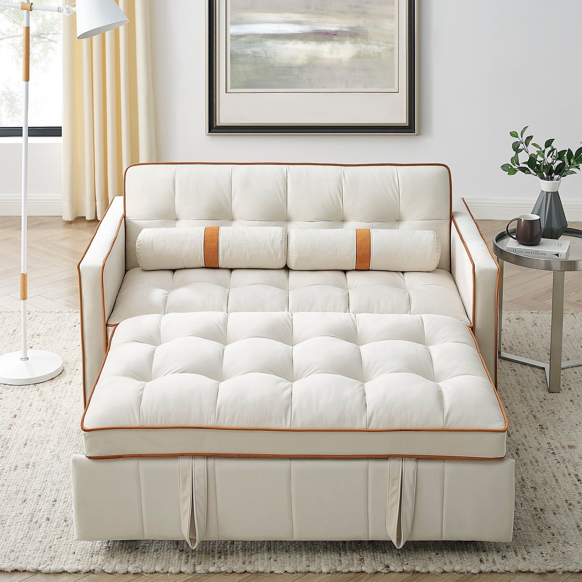 Modern 55.5" Pull Out Sleep Sofa Bed 2 Seater Loveseats Sofa Couch With Side Pockets, Adjsutable Backrest And Lumbar Pillows For Apartment Office Living Room Beige Foam Velvet